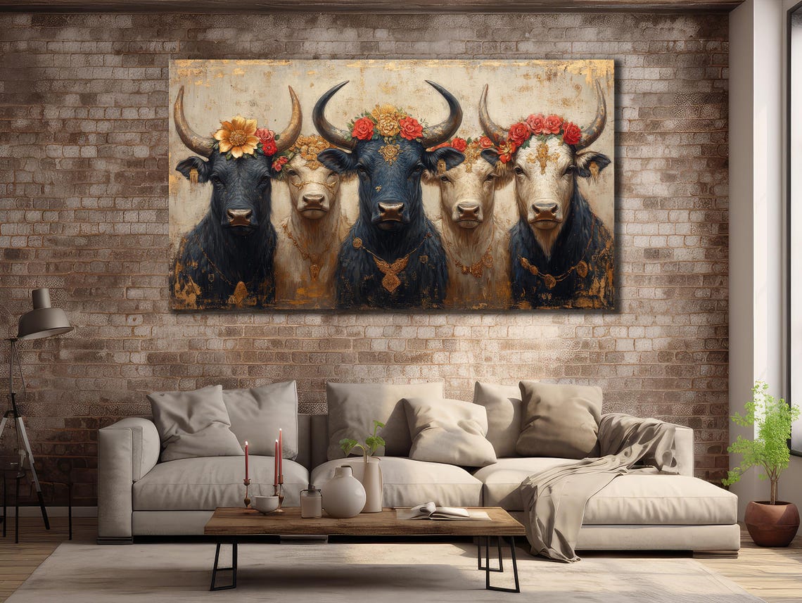 Five Cows Flower Crown Rustic Gold Farm Animal Herd Wall Art Poster - Image 3
