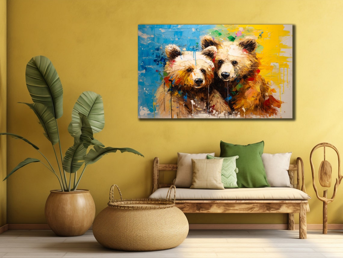 Two Cute Bear Cubs Painting on Bright Blue Yellow Background Poster - Image 2