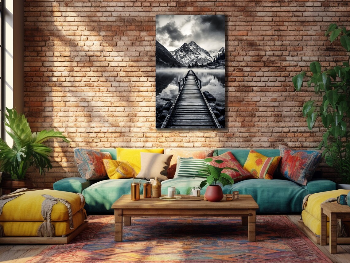Misty Mountain Lake Wooden Pier Monochrome Nature Travel Poster - Image 3