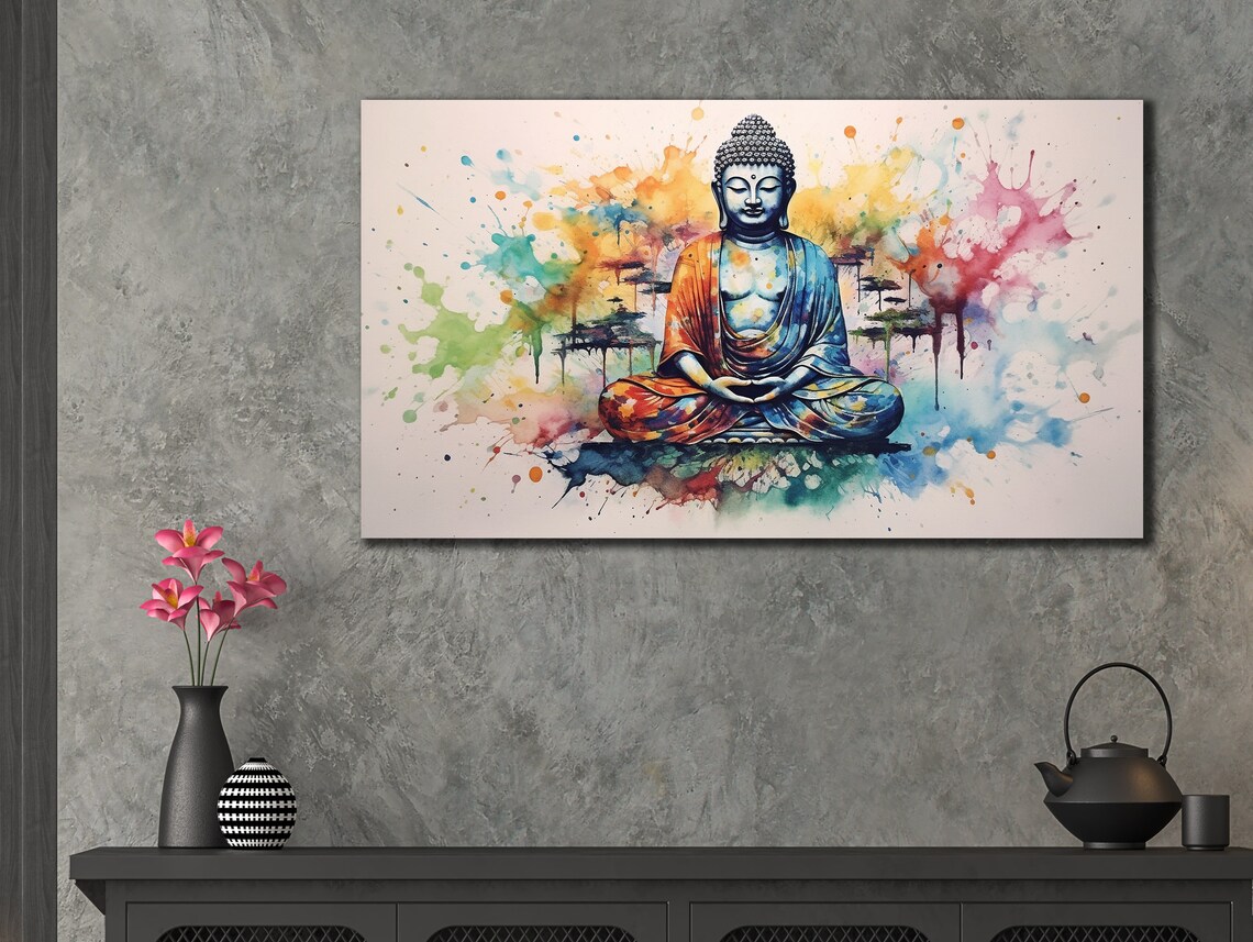 Meditating Buddha Watercolor Splash Zen Spiritual Wall Art Poster - Image 3