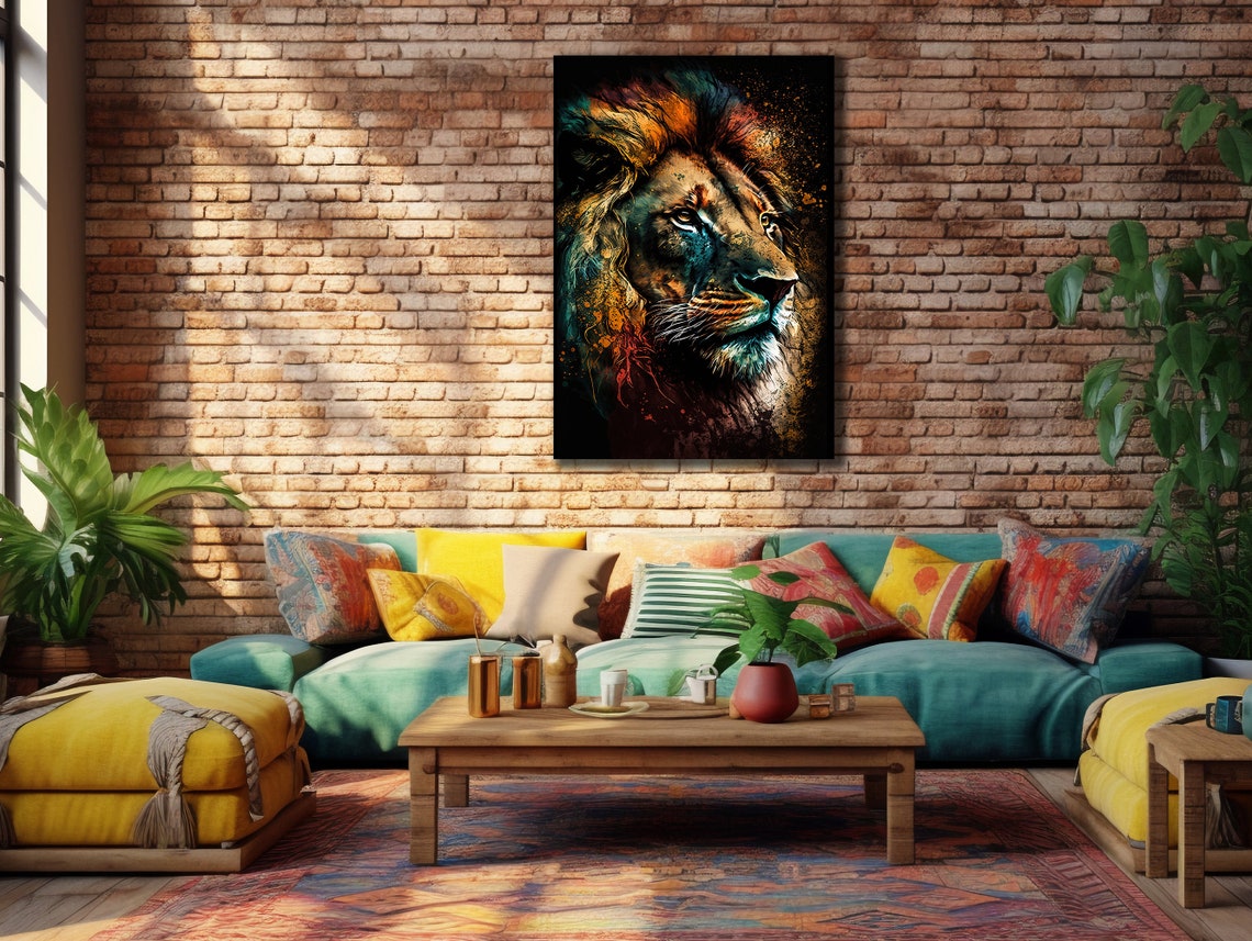 Colorful Lion King Portrait Graffiti Splash Dark Wall Art Print - Image 2