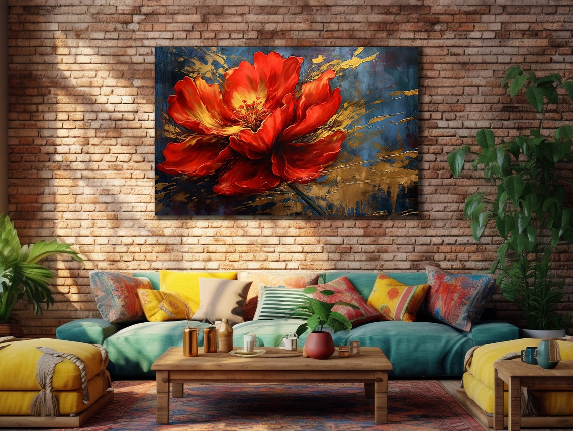 Red Poppy Bloom Blue Gold Abstract Bold Floral Painting Poster - Image 3