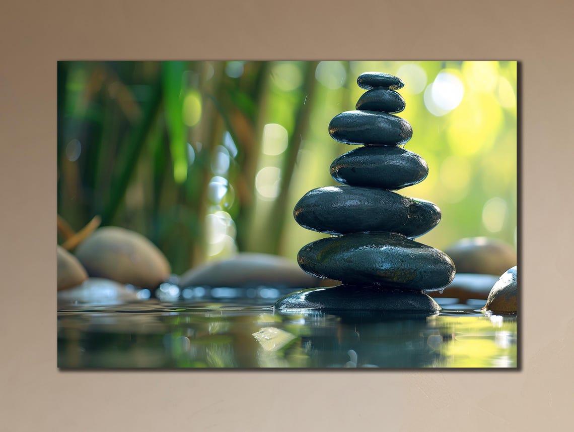 Zen Stacked Stones Water Green Bamboo Peaceful Meditation Poster - Image 2