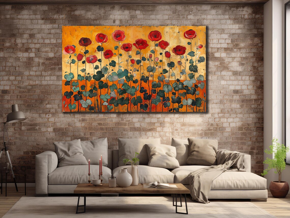 Red Poppies Golden Field Abstract Floral Meadow Wall Art Poster - Image 2