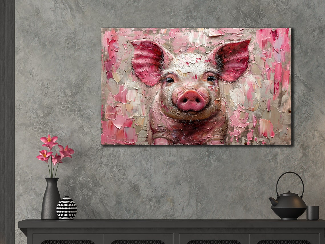 Pink Piglet Portrait Impasto Oil Painting Cute Farm Wall Art Print - Image 3