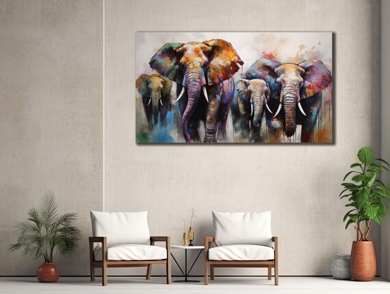 Elephant Herd Watercolor Colorful Wildlife Painting Family Wall Art Poster