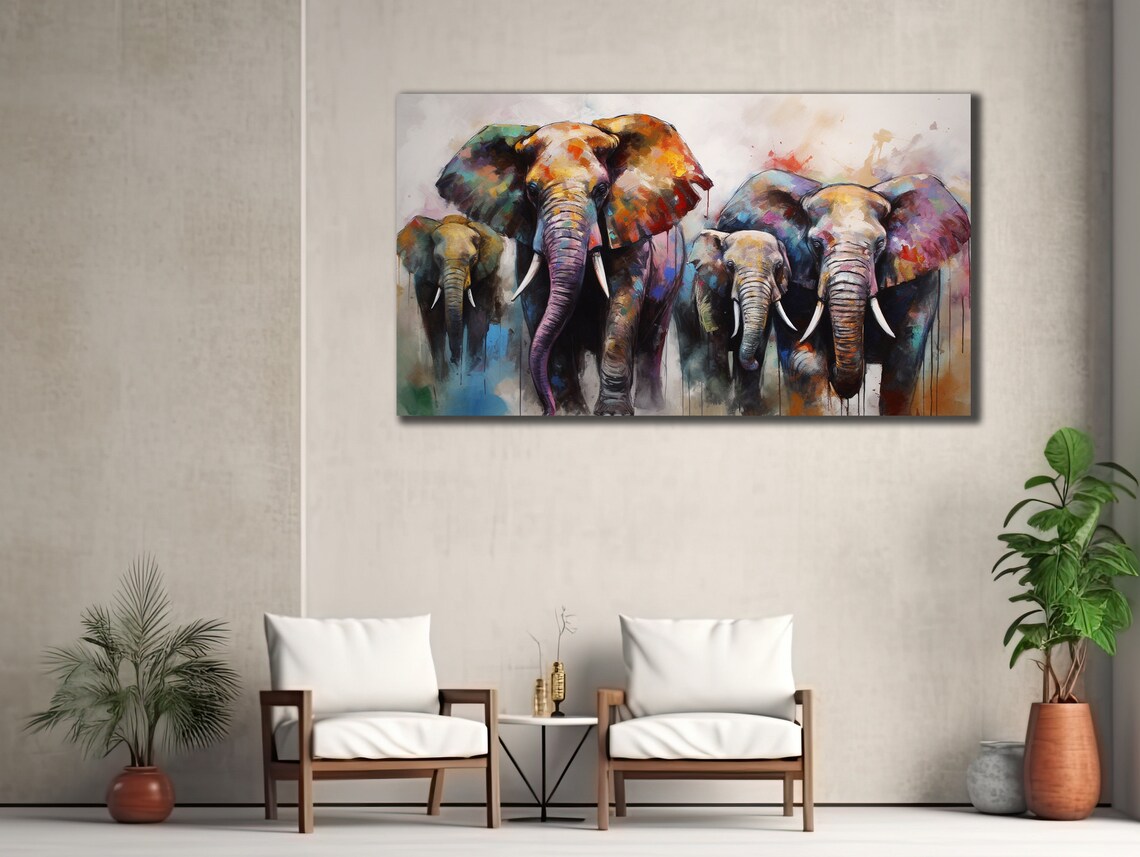 Elephant Herd Watercolor Colorful Wildlife Painting Family Wall Art Poster