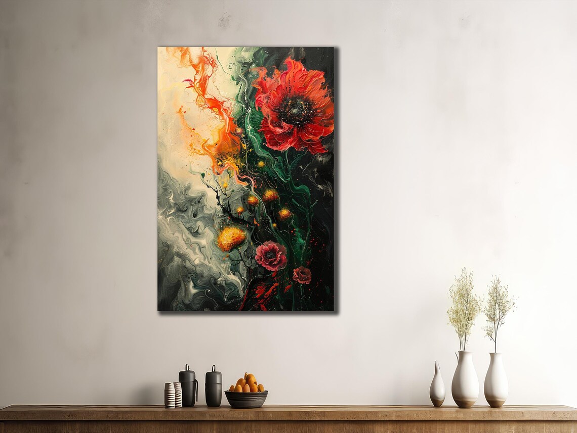 Red Poppy Bloom Smoky Swirl Dark Abstract Floral Wall Art Poster