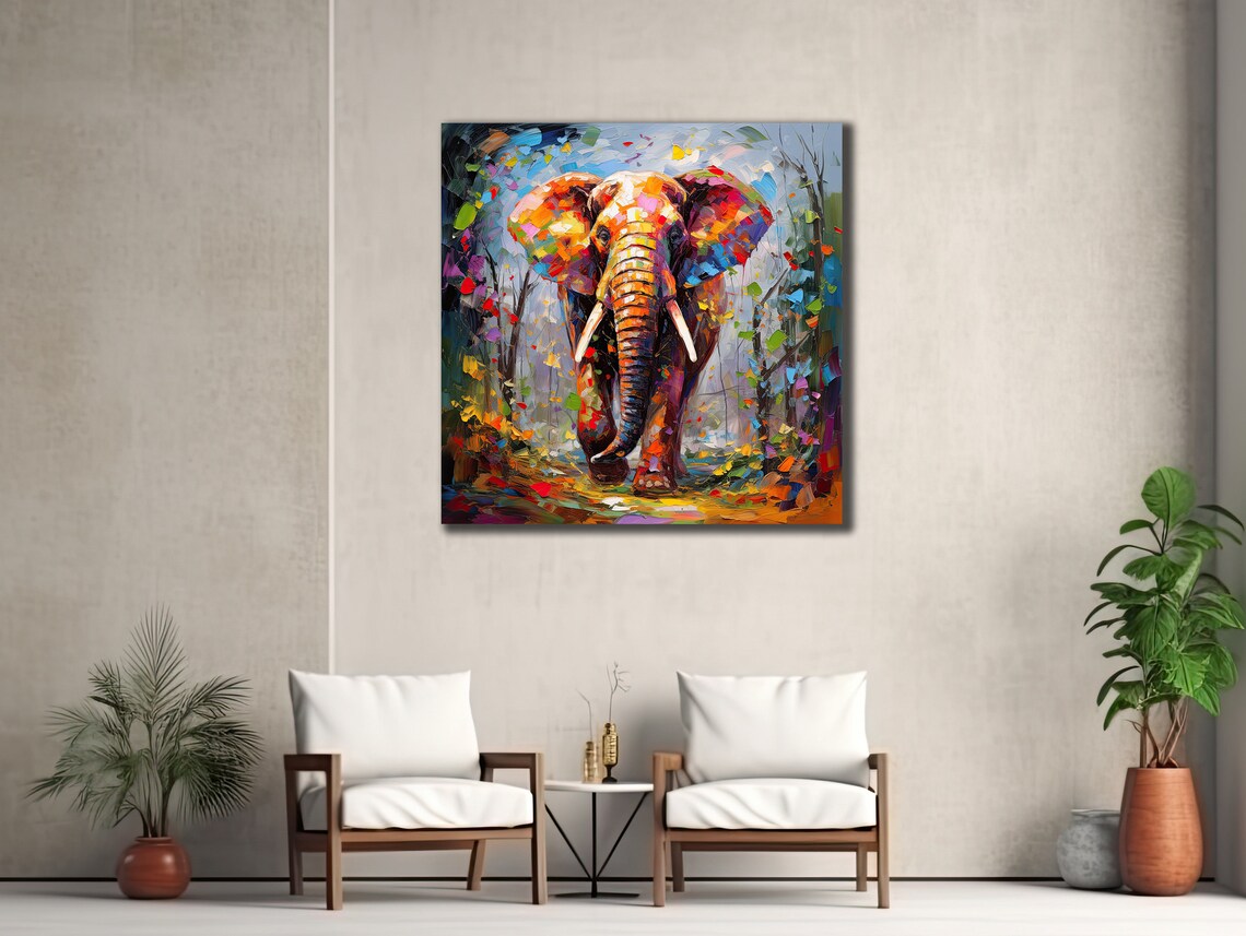Elephant Walking Forest Colorful Palette Knife Mosaic Wildlife Art Poster