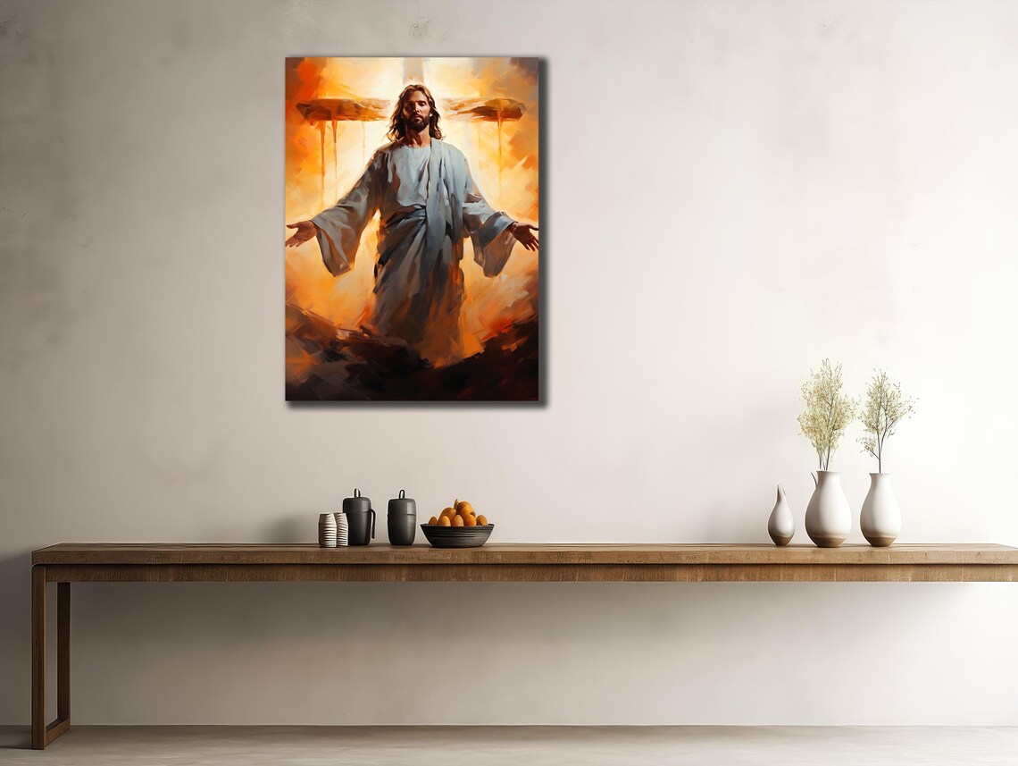 Jesus Christ Open Arms Fiery Sunset Glow Christian Religious Wall Art Poster - Image 2