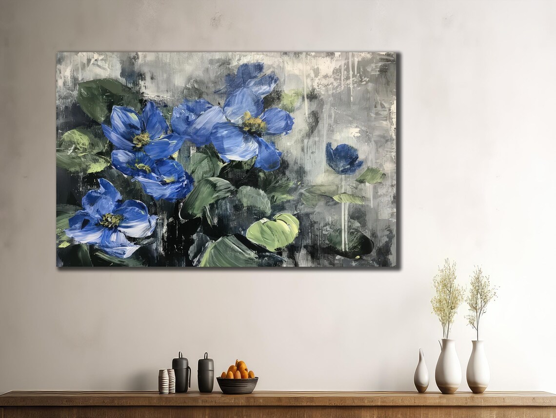 Striking Blue Flower Oil Painting Moody Botanical Floral Poster - Image 3