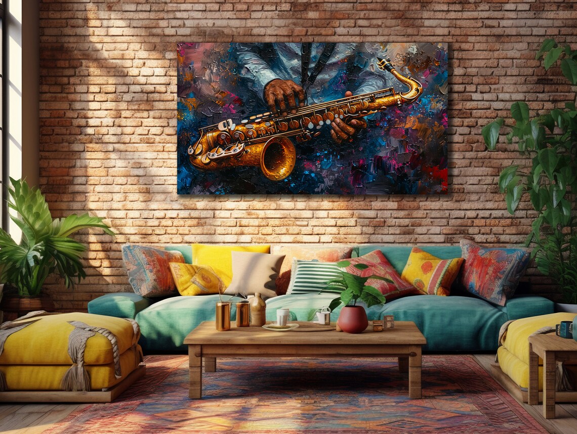 Saxophone Jazz Musician Hands Colorful Abstract Oil Painting Art Poster
