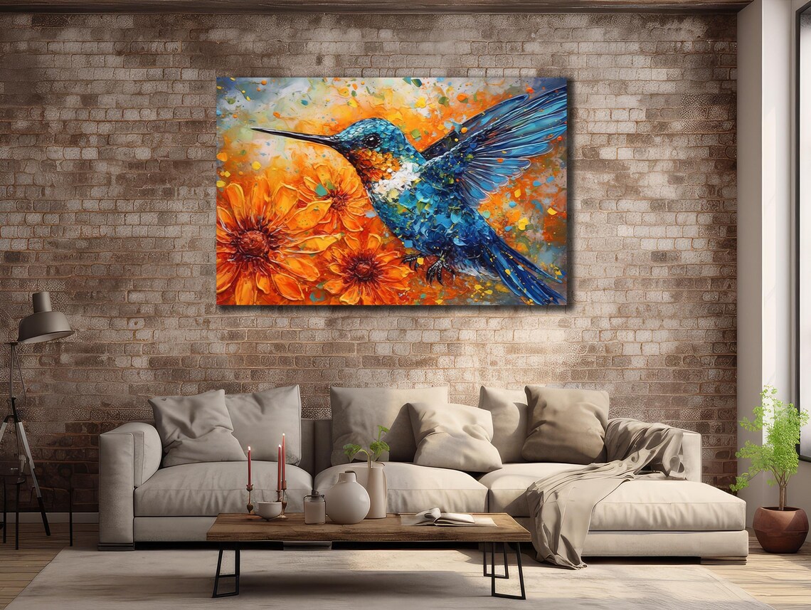 Blue Hummingbird with Orange Flowers Impasto Bird Painting Art Poster - Image 2