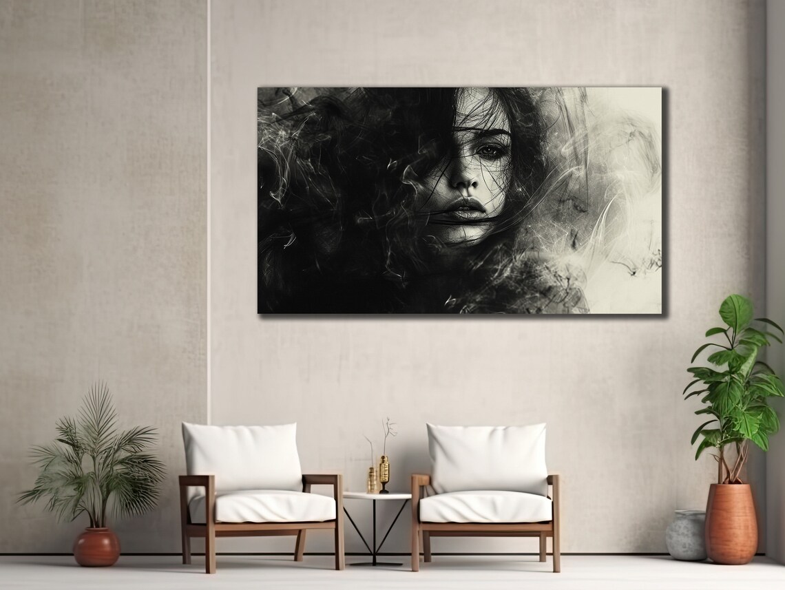 Black And White Woman Face Emerging From Smoke Moody Portrait Poster - Image 2