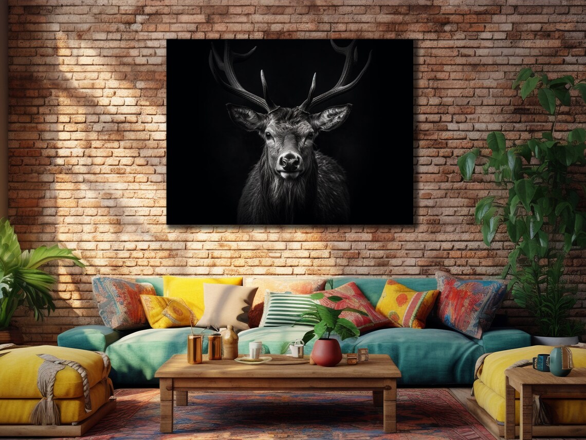 Black White Stag Antlers Dark Moody Wildlife Portrait Wall Art - Image 2