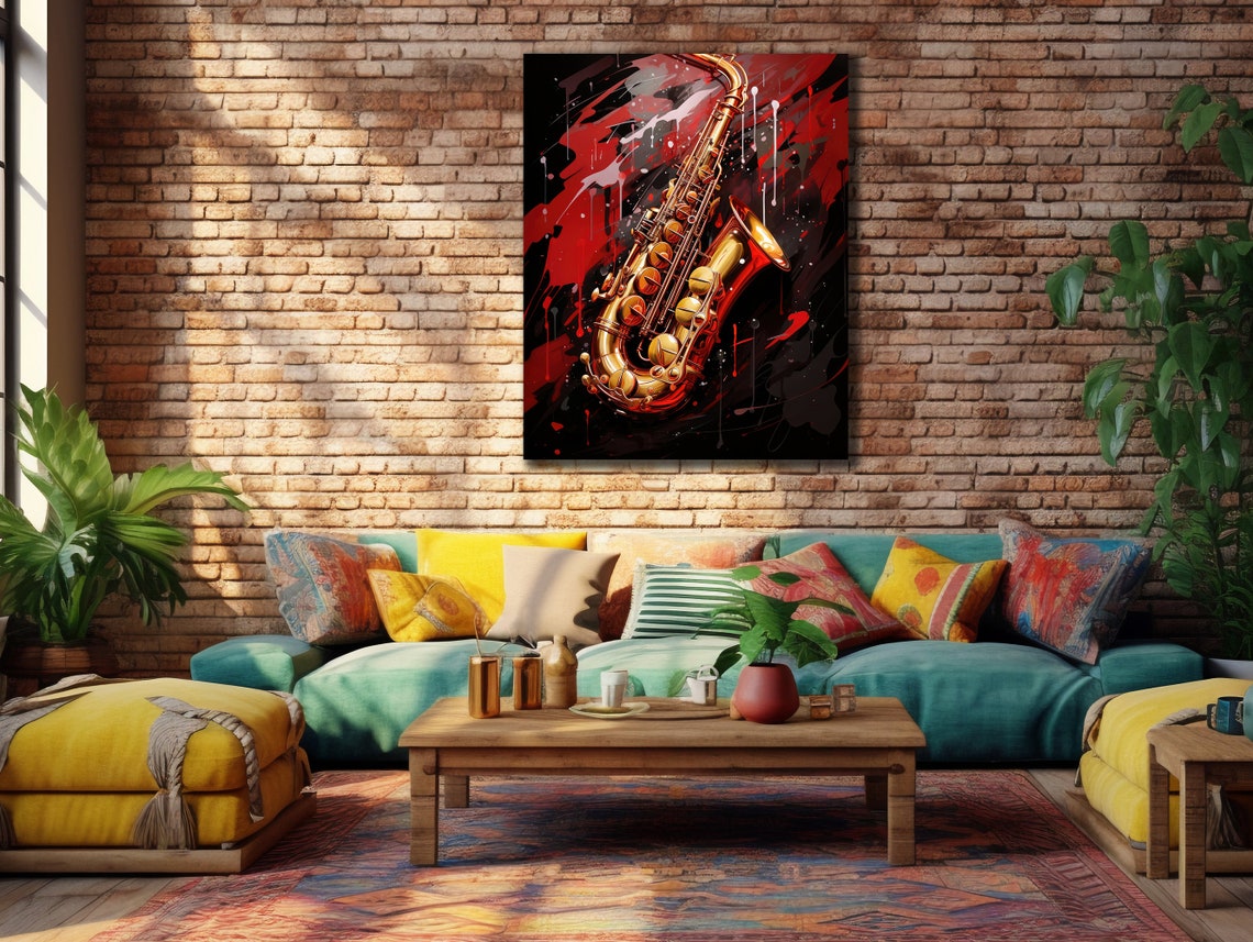 Golden Saxophone Red Black Abstract Splash Jazz Music Wall Poster - Image 3