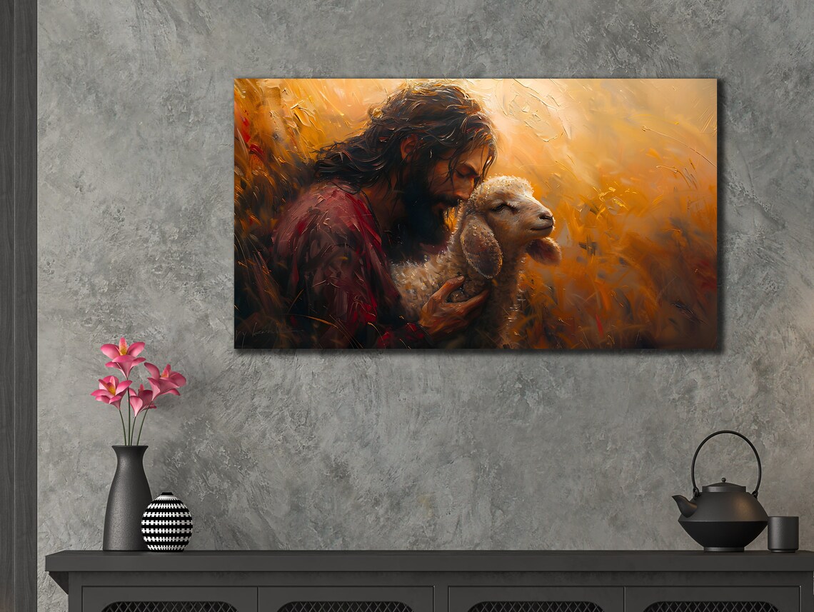 Jesus Good Shepherd Holding Lamb Golden Christian Wall Art Poster - Image 2