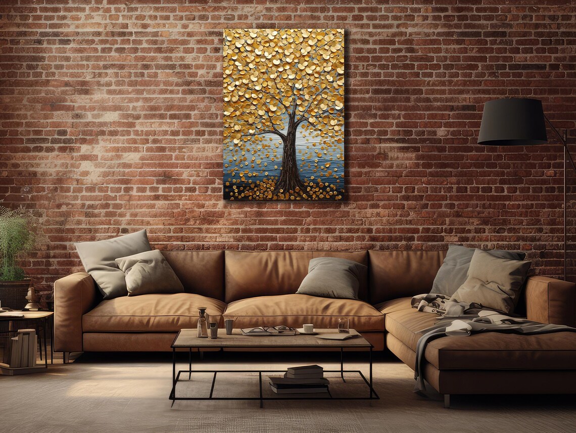 Golden Tree Falling Coins Leaves Blue Textured Oil Painting Poster - Image 2