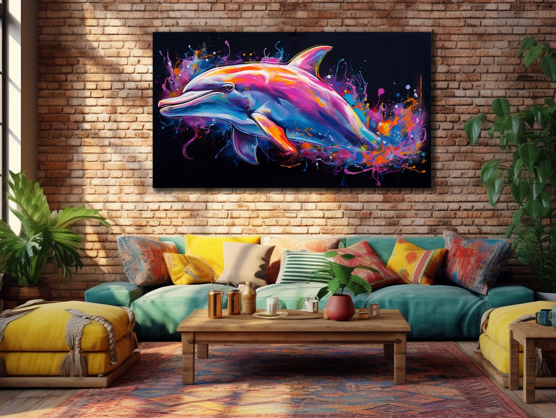 Neon Colorful Dolphin Splash Black Background Pop Art Wall Poster - Image 3