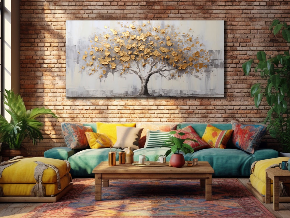 Gold Leaf Tree Falling Golden Leaves Gray Abstract Wall Art Poster