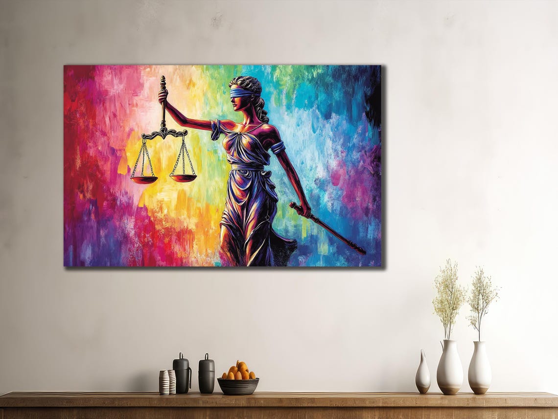 Blindfolded Lady Justice Statue Scales Rainbow Abstract Lawyer Poster - Image 3