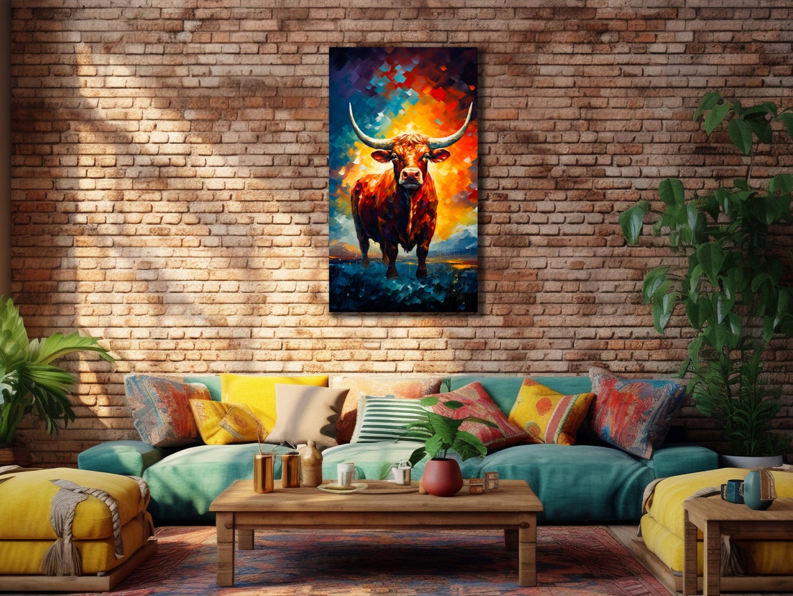 Texas Longhorn Bull Colorful Mosaic Sunset Rustic Animal Art Poster - Image 2