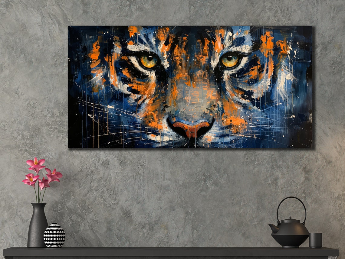 Tiger Face Close Up Orange Blue Eyes Bold Wildlife Art Poster - Image 3