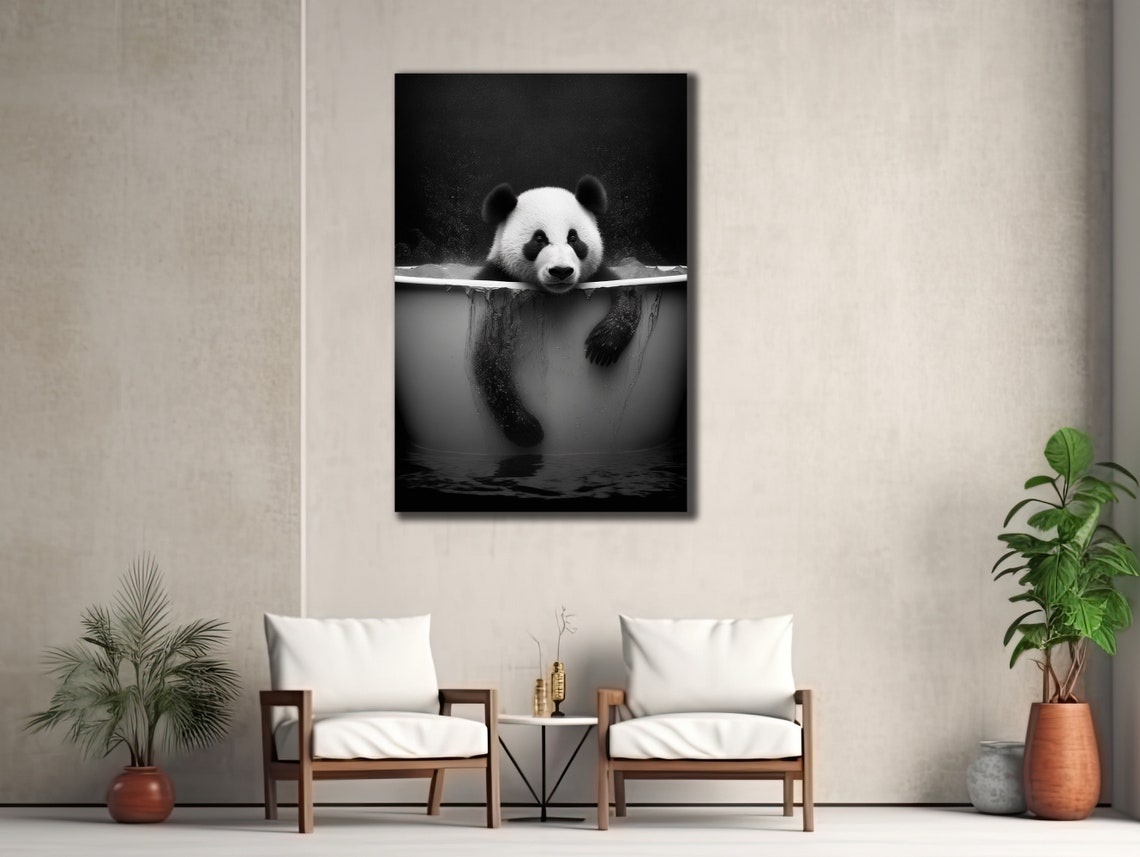 Cute Panda Bathing Bathtub Black White Funny Bathroom Wall Art - Image 2