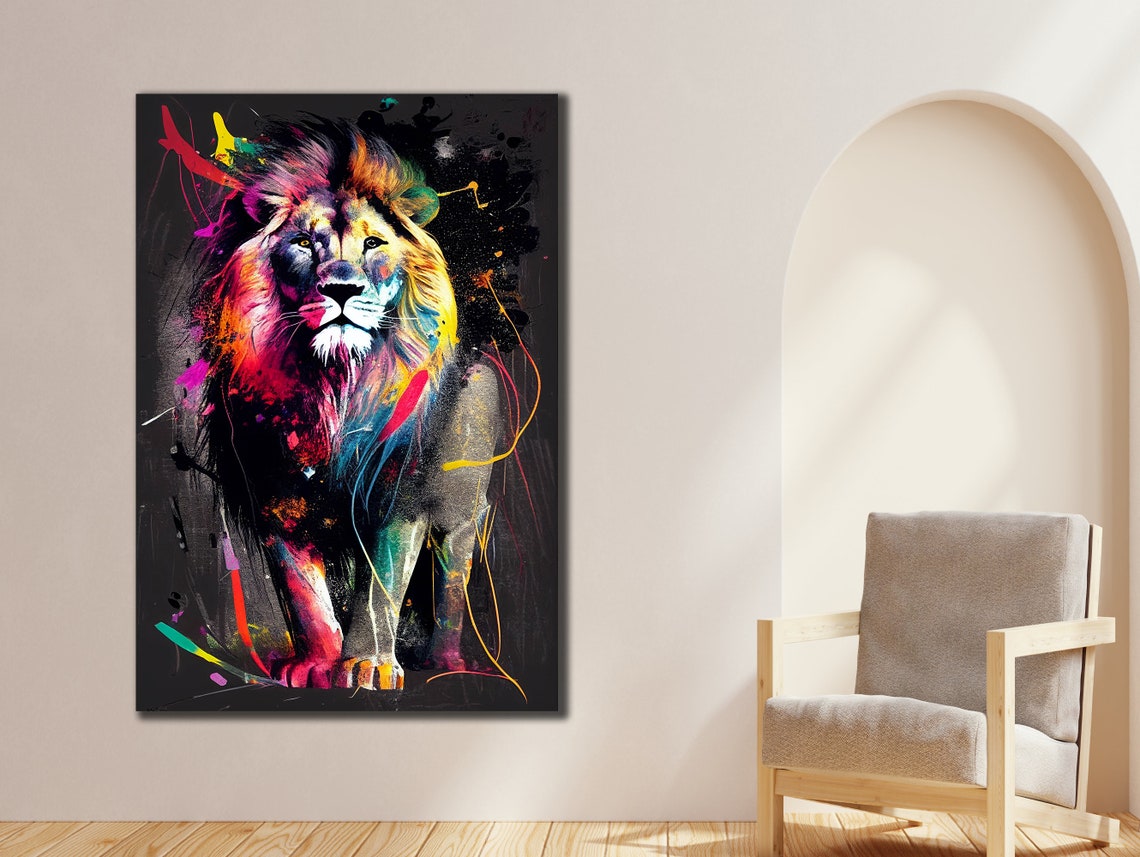 Colorful Lion Paint Splashes Black Background Wildlife Art Poster