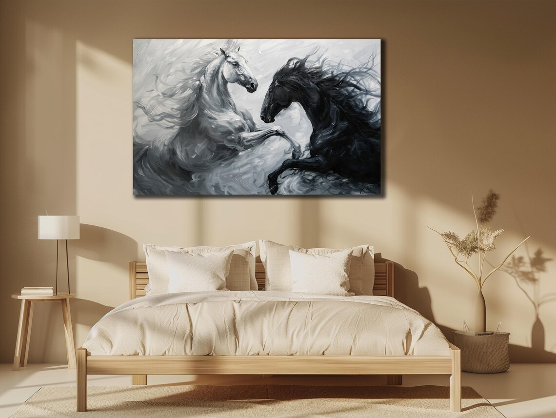 White and Black Horses Rearing Grey Watercolor Abstract Stallion Print - Image 2