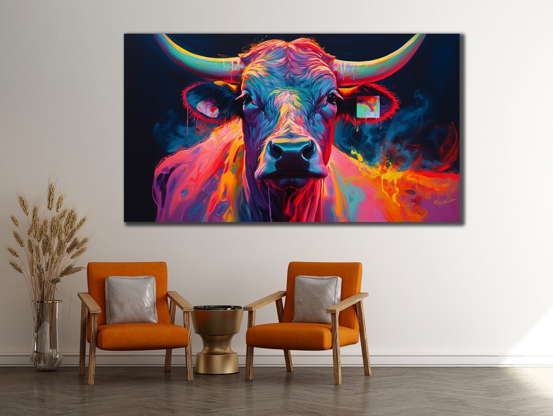 Colorful Cow Printing Cow Wall Decor Abstract Animal Wall Art Painting On Colorful Animal Art Farmhouse For Gifts