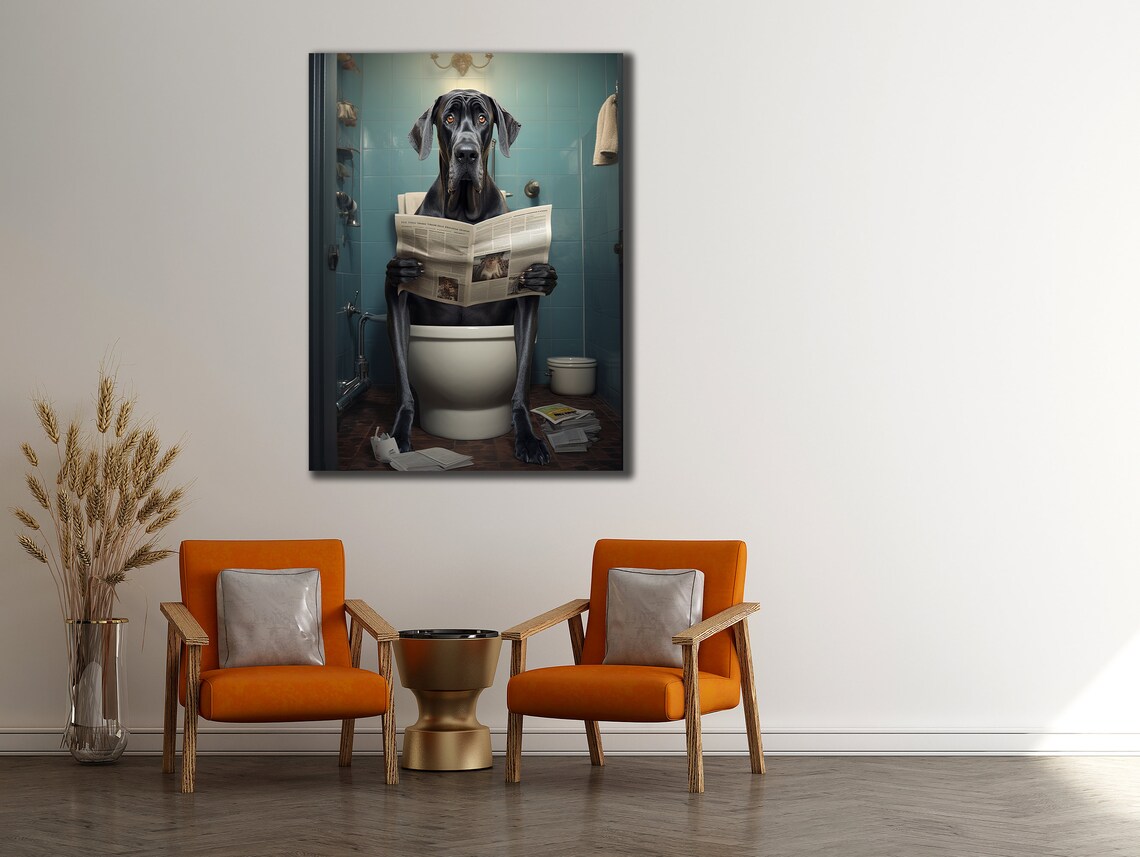 Funny Black Dog Reading Newspaper On Toilet Bathroom Humor Art Poster - Image 2