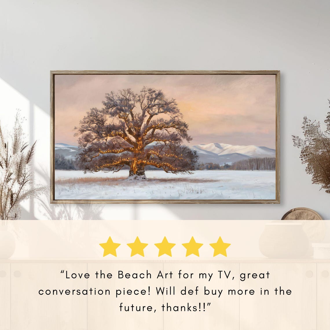 Frosty Oak String Lights Snowy Field Mountain Winter Dusk Poster - Image 2