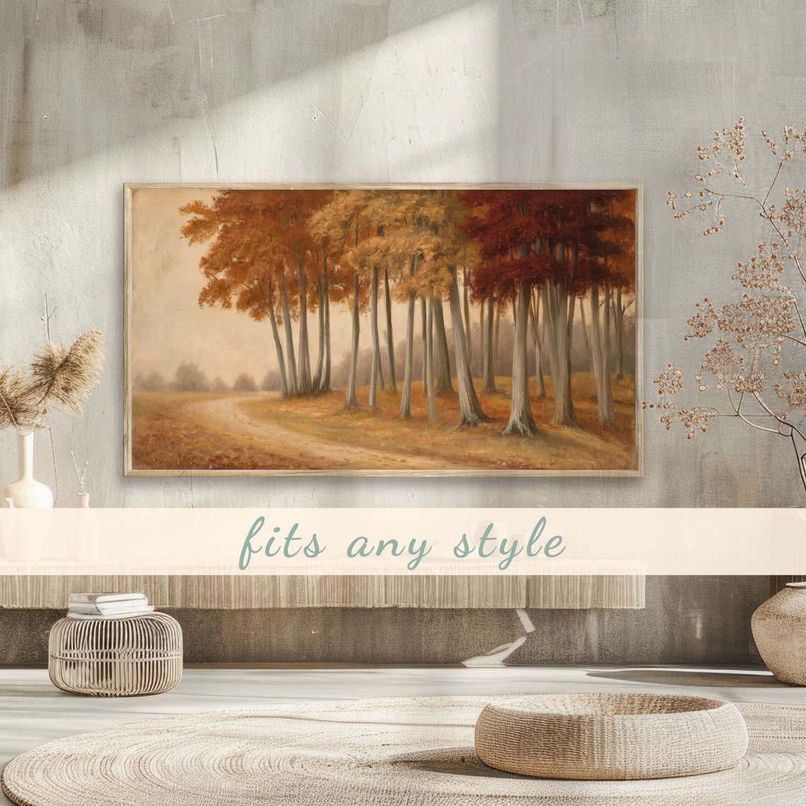 Vintage Autumn Forest with Tall Trees and Winding Dirt Path Poster - Image 3