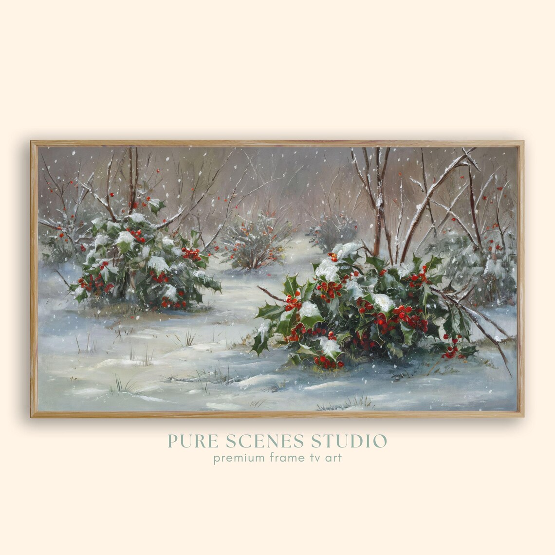 Snowy Holly Bushes Red Berries Falling Snow Winter Garden Scene Poster