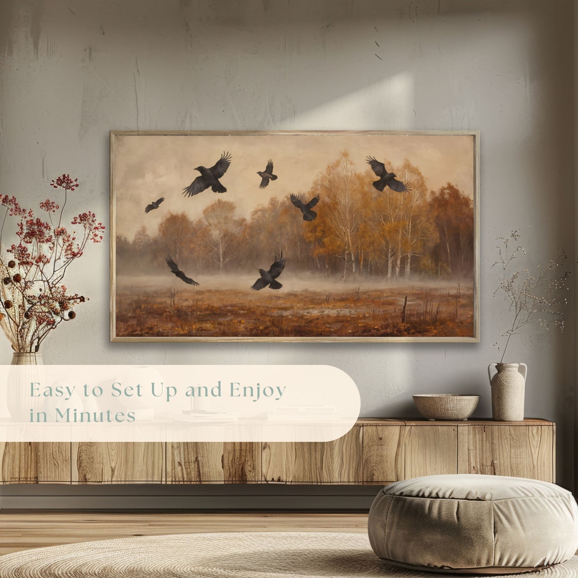 Crows Flying Over Moody Autumn Field Misty Vintage Landscape Poster - Image 5