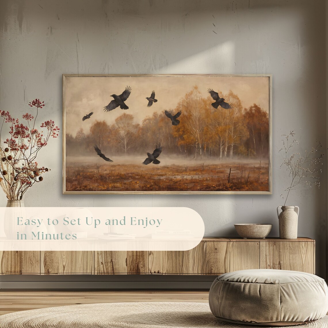 Moody Fall Frame Tv Art Autumn Landscape With Crows Vintage Fall Scene Haunted Field Rustic Autumn Art Fall Wall Art - Image 5