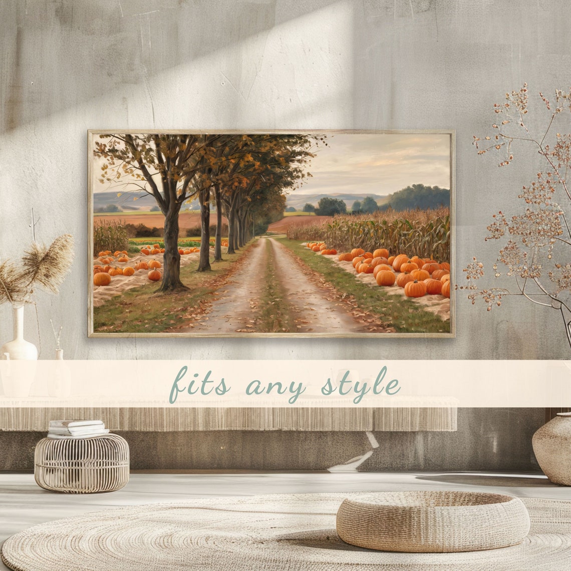 Rural Autumn Road with Pumpkins Cornfields and Golden Trees Poster - Image 3