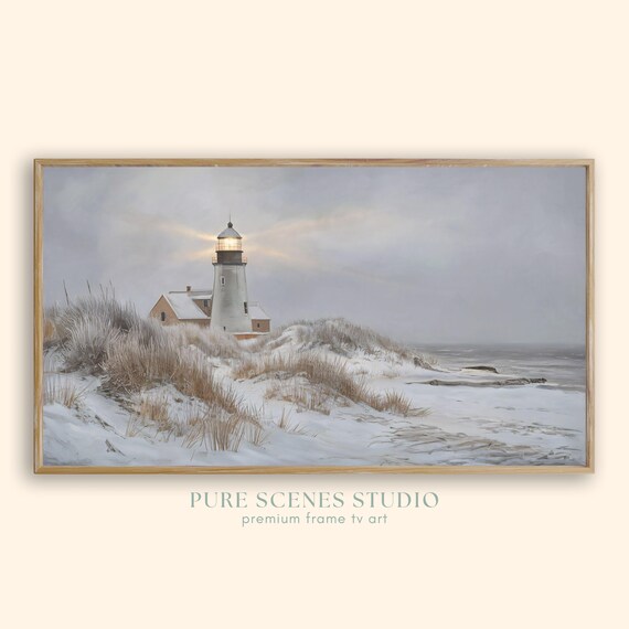 Snowy Lighthouse Sand Dunes Winter Peaceful Coastal Painting Poster