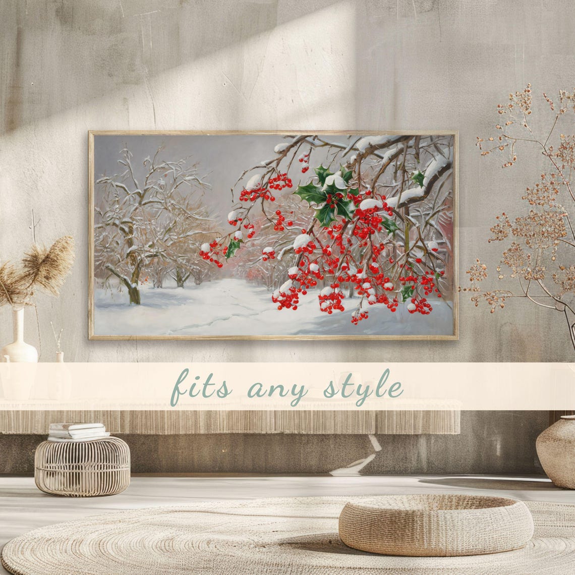 Red Winter Berries On Snow Covered Branches Vintage Botanical Poster - Image 3