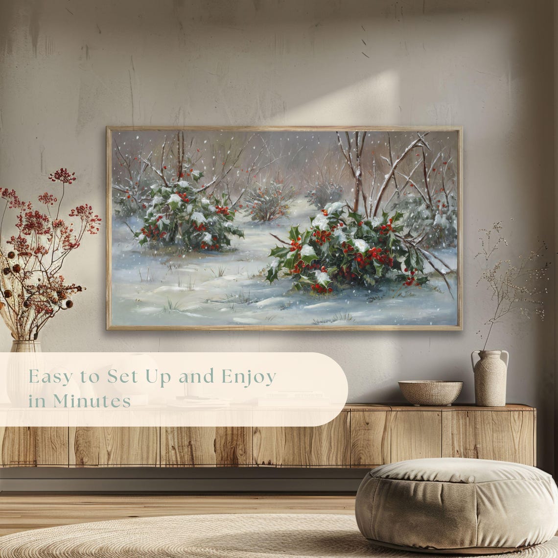 Snowy Holly Bushes Red Berries Falling Snow Winter Garden Scene Poster - Image 5