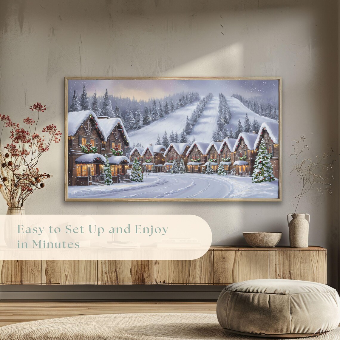 Ski Resort Village Glowing Christmas Chalets Snowy Slopes Scene Poster - Image 5