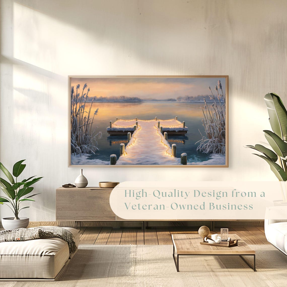 Snow Covered Dock String Lights Dawn Lake Winter Painting Poster - Image 4