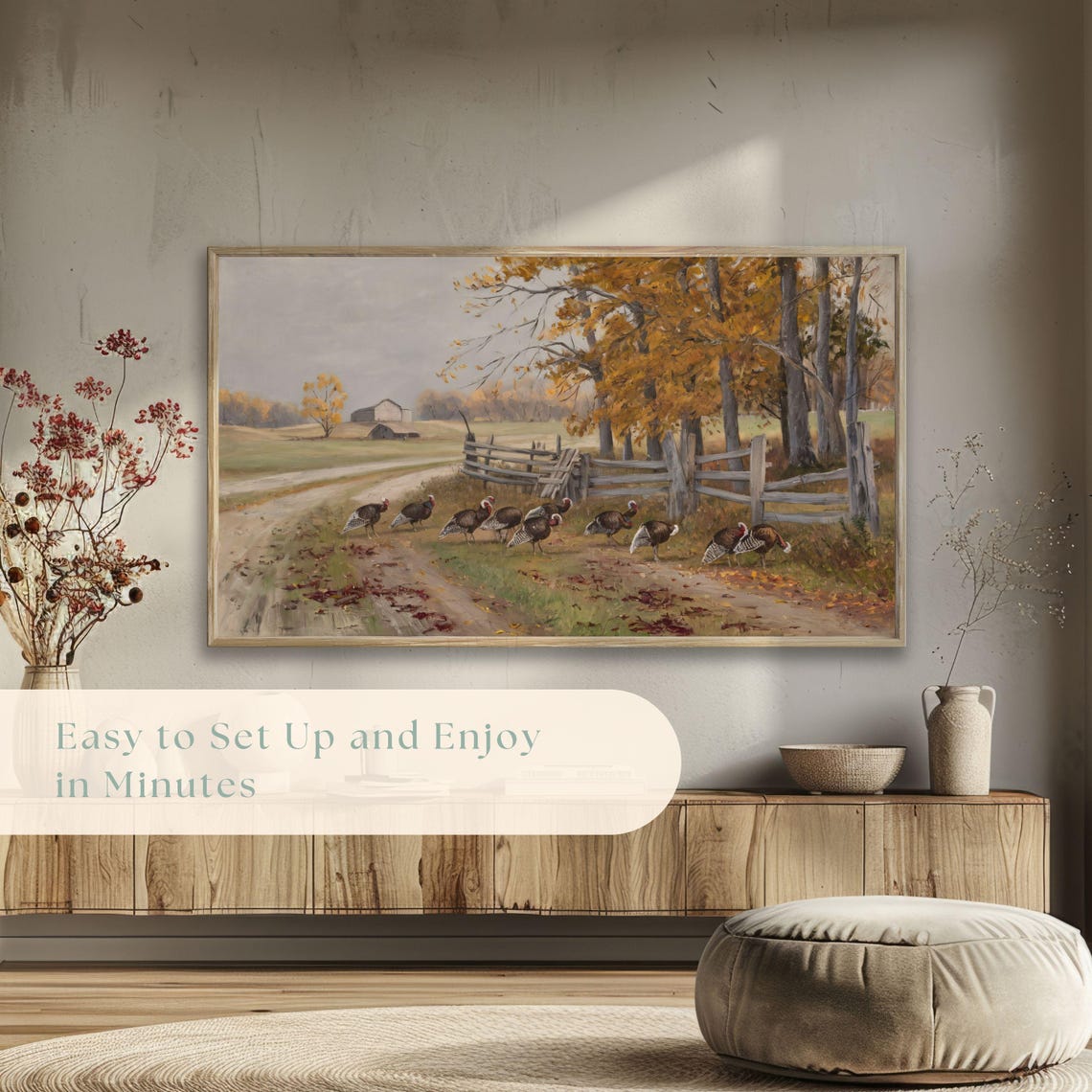 Wild Turkeys Crossing Country Road By Wooden Fence Autumn Farm Poster - Image 5
