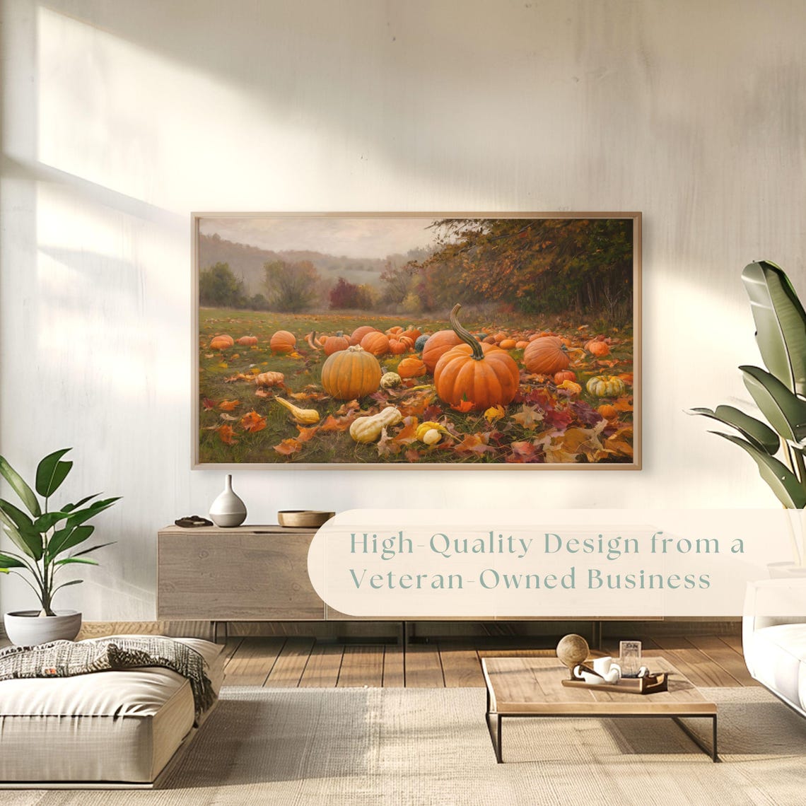Pumpkin Patch with Gourds Autumn Leaves Misty Hillside Poster - Image 4