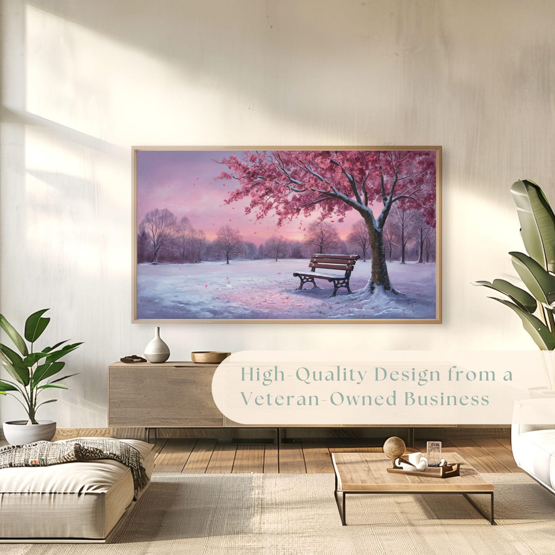 Snowy Park Bench Pink Blossom Tree Winter Dusk Painting Poster - Image 4