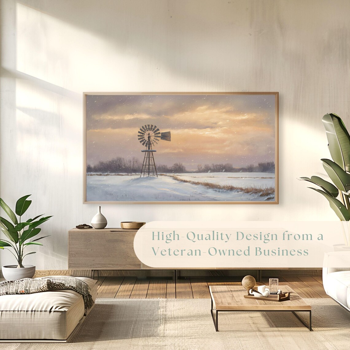 Snowy Prairie Windmill Golden Sunset Winter Countryside Painting Poster - Image 4