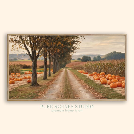 Rural Autumn Road with Pumpkins Cornfields and Golden Trees Poster