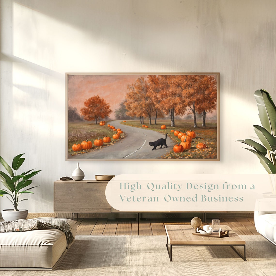 Pumpkin Patch Road with Black Cat Vintage Autumn Landscape Poster - Image 4