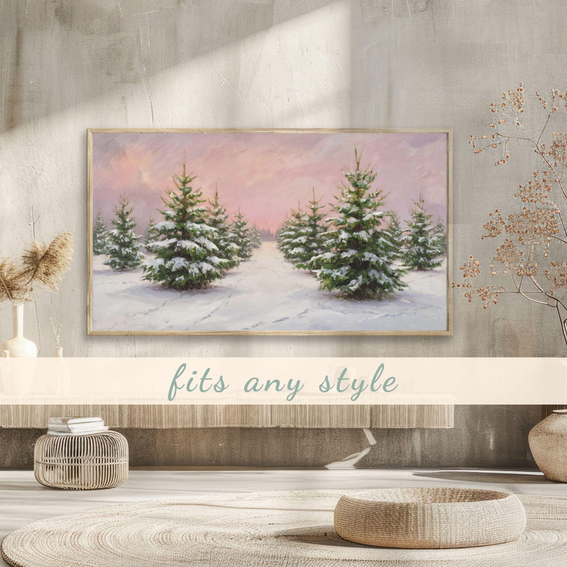 Snowy Christmas Tree Farm Rows Under Pink Sunset Winter Evening Poster - Image 3